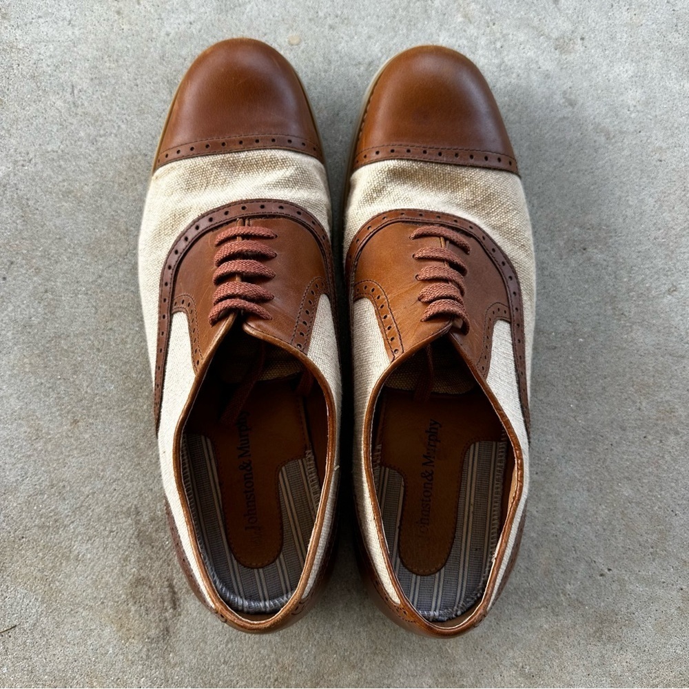 Johnston & Murphy Ellington Cap Toe Tan Gatsby Linen Oxfords Men’s Size 12 M - Picture 6 of 14
